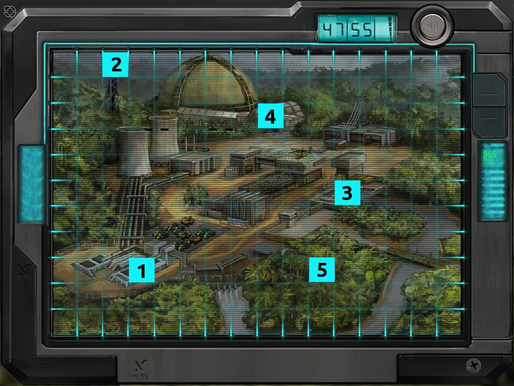 Karte des Kraftwerks mit Positionen, auf die man mit dem Fernglas fokussieren kann (A New Beginning Screenshot)