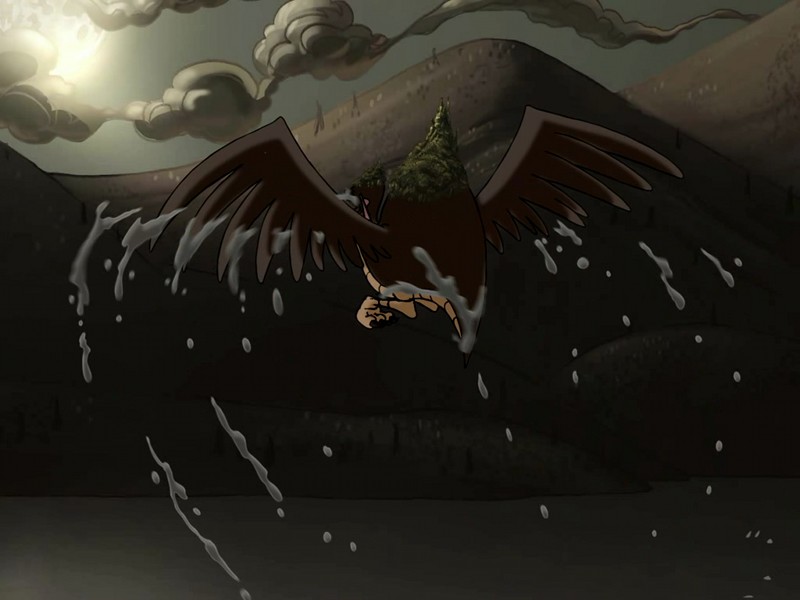 Ende von Kapitel 2: Sadwick fliegt auf dem Rücken von Kalida zu den Asgil (The Whispered World Screenshot)