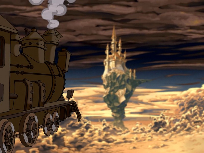 Ende von Kapitel 3: Sadwick fliegt mit der Lokomotive nach Corona (The Whispered World Screenshot)